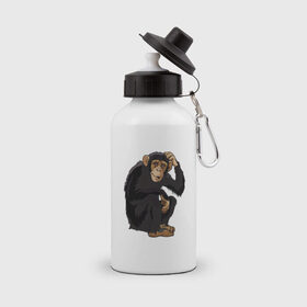 Бутылка спортивная с принтом Обезьяна думает в Тюмени, металл | емкость — 500 мл, в комплекте две пластиковые крышки и карабин для крепления | думать | животное | мавпа | обезьяна | человек
