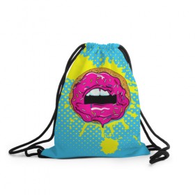 Рюкзак-мешок 3D с принтом Donut lips в Тюмени, 100% полиэстер | плотность ткани — 200 г/м2, размер — 35 х 45 см; лямки — толстые шнурки, застежка на шнуровке, без карманов и подкладки | donut | kiss | lips | pop art | splash | sweet | брызги | губы | пончик | поп арт