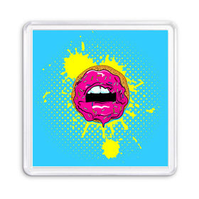 Магнит 55*55 с принтом Donut lips в Тюмени, Пластик | Размер: 65*65 мм; Размер печати: 55*55 мм | Тематика изображения на принте: donut | kiss | lips | pop art | splash | sweet | брызги | губы | пончик | поп арт
