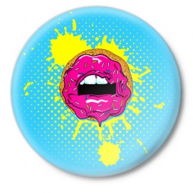 Значок с принтом Donut lips в Тюмени,  металл | круглая форма, металлическая застежка в виде булавки | Тематика изображения на принте: donut | kiss | lips | pop art | splash | sweet | брызги | губы | пончик | поп арт