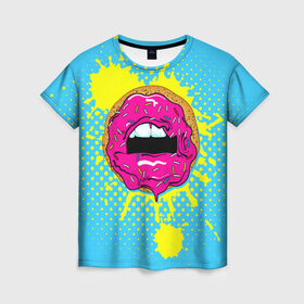 Женская футболка 3D с принтом Donut lips в Тюмени, 100% полиэфир ( синтетическое хлопкоподобное полотно) | прямой крой, круглый вырез горловины, длина до линии бедер | donut | kiss | lips | pop art | splash | sweet | брызги | губы | пончик | поп арт