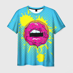 Мужская футболка 3D с принтом Donut lips в Тюмени, 100% полиэфир | прямой крой, круглый вырез горловины, длина до линии бедер | Тематика изображения на принте: donut | kiss | lips | pop art | splash | sweet | брызги | губы | пончик | поп арт