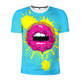 Мужская футболка 3D спортивная с принтом Donut lips в Тюмени, 100% полиэстер с улучшенными характеристиками | приталенный силуэт, круглая горловина, широкие плечи, сужается к линии бедра | donut | kiss | lips | pop art | splash | sweet | брызги | губы | пончик | поп арт