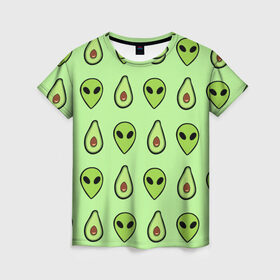 Женская футболка 3D с принтом Green в Тюмени, 100% полиэфир ( синтетическое хлопкоподобное полотно) | прямой крой, круглый вырез горловины, длина до линии бедер | alien | food | vegetarian | авокадо | вегетарианство | еда | пришелец
