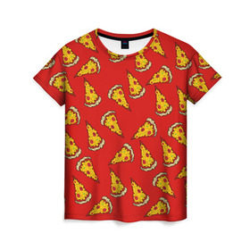 Женская футболка 3D с принтом Pizza red в Тюмени, 100% полиэфир ( синтетическое хлопкоподобное полотно) | прямой крой, круглый вырез горловины, длина до линии бедер | fast food | pizza | еда | пицца | фастфуд