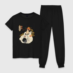 Женская пижама хлопок с принтом гейша космонавт в Тюмени, 100% хлопок | брюки и футболка прямого кроя, без карманов, на брюках мягкая резинка на поясе и по низу штанин | 