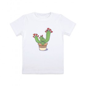 Детская футболка хлопок с принтом Кактус в Тюмени, 100% хлопок | круглый вырез горловины, полуприлегающий силуэт, длина до линии бедер | Тематика изображения на принте: горшок | растение | цветет | цветок
