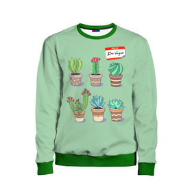 Детский свитшот 3D с принтом Я веган в Тюмени, 100% полиэстер | свободная посадка, прямой крой, мягкая тканевая резинка на рукавах и понизу свитшота | веганство | вегетарианец | вегетарианство | кактусы | растения | цветы в горшках