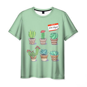 Мужская футболка 3D с принтом Я веган в Тюмени, 100% полиэфир | прямой крой, круглый вырез горловины, длина до линии бедер | веганство | вегетарианец | вегетарианство | кактусы | растения | цветы в горшках