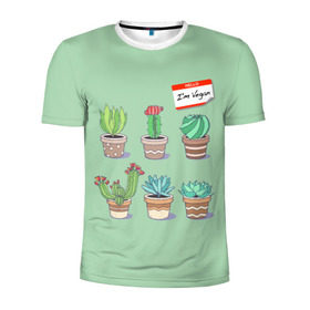 Мужская футболка 3D спортивная с принтом Я веган в Тюмени, 100% полиэстер с улучшенными характеристиками | приталенный силуэт, круглая горловина, широкие плечи, сужается к линии бедра | веганство | вегетарианец | вегетарианство | кактусы | растения | цветы в горшках