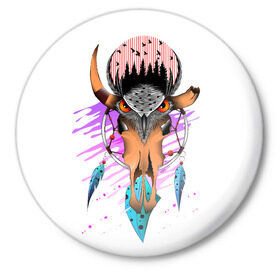 Значок с принтом сова ловецснов череп в Тюмени,  металл | круглая форма, металлическая застежка в виде булавки | owl | skull | ловец снов | перья | сова | череп