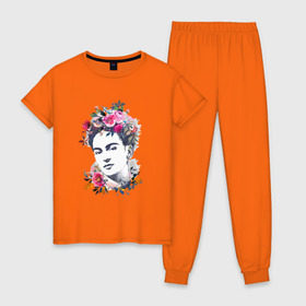 Женская пижама хлопок с принтом Фрида Кало в Тюмени, 100% хлопок | брюки и футболка прямого кроя, без карманов, на брюках мягкая резинка на поясе и по низу штанин | фрида кало