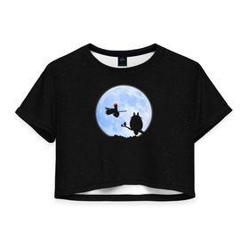 Женская футболка 3D укороченная с принтом Totoro and the moon в Тюмени, 100% полиэстер | круглая горловина, длина футболки до линии талии, рукава с отворотами | anime | moon | myneighbortotoro | night | stars | totoro | аниме | звезды | канта | кодомо | котобус | кусакабэ | луна | мэй | ночь | сусуватари | тацуо | тоторо | хаяомиядзаки | ясуко