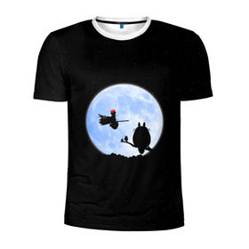 Мужская футболка 3D спортивная с принтом Totoro and the moon в Тюмени, 100% полиэстер с улучшенными характеристиками | приталенный силуэт, круглая горловина, широкие плечи, сужается к линии бедра | Тематика изображения на принте: anime | moon | myneighbortotoro | night | stars | totoro | аниме | звезды | канта | кодомо | котобус | кусакабэ | луна | мэй | ночь | сусуватари | тацуо | тоторо | хаяомиядзаки | ясуко