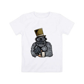Детская футболка хлопок с принтом Гроссмейстер в Тюмени, 100% хлопок | круглый вырез горловины, полуприлегающий силуэт, длина до линии бедер | chess | sport | горилла | животные | мат | обезьяна | примат | спорт | шах | шахматы | шляпа