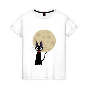 Женская футболка хлопок с принтом Luna cat в Тюмени, 100% хлопок | прямой крой, круглый вырез горловины, длина до линии бедер, слегка спущенное плечо | ведьмина доставка | кики | хаяо миядзаки