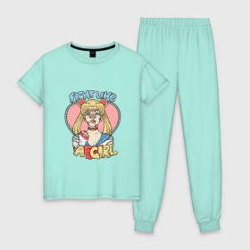 Женская пижама хлопок с принтом Сейлор Мун в Тюмени, 100% хлопок | брюки и футболка прямого кроя, без карманов, на брюках мягкая резинка на поясе и по низу штанин | sailor moon