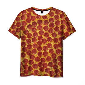 Мужская футболка 3D с принтом Пицца пепперони в Тюмени, 100% полиэфир | прямой крой, круглый вырез горловины, длина до линии бедер | Тематика изображения на принте: pepperoni | pizza | еда | колбаса | мясо | пица | сардельки | сыр | фастфуд