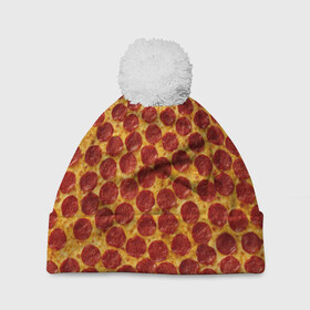 Шапка 3D c помпоном с принтом Пицца пепперони в Тюмени, 100% полиэстер | универсальный размер, печать по всей поверхности изделия | pepperoni | pizza | еда | колбаса | мясо | пица | сардельки | сыр | фастфуд