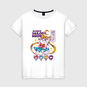 Женская футболка хлопок с принтом Sailor Moon в Тюмени, 100% хлопок | прямой крой, круглый вырез горловины, длина до линии бедер, слегка спущенное плечо | кот | котики | сейлор мун