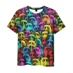 Мужская футболка 3D с принтом Разноцветные сердитые коты в Тюмени, 100% полиэфир | прямой крой, круглый вырез горловины, длина до линии бедер | Тематика изображения на принте: cat | grumpy | грустный | злой | кот | кошка | мем | паттерн | радуга