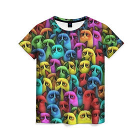 Женская футболка 3D с принтом Разноцветные сердитые коты в Тюмени, 100% полиэфир ( синтетическое хлопкоподобное полотно) | прямой крой, круглый вырез горловины, длина до линии бедер | cat | grumpy | грустный | злой | кот | кошка | мем | паттерн | радуга