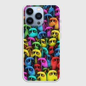 Чехол для iPhone 13 Pro с принтом Разноцветные сердитые коты в Тюмени,  |  | Тематика изображения на принте: cat | grumpy | грустный | злой | кот | кошка | мем | паттерн | радуга