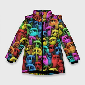Зимняя куртка для девочек 3D с принтом Разноцветные сердитые коты в Тюмени, ткань верха — 100% полиэстер; подклад — 100% полиэстер, утеплитель — 100% полиэстер. | длина ниже бедра, удлиненная спинка, воротник стойка и отстегивающийся капюшон. Есть боковые карманы с листочкой на кнопках, утяжки по низу изделия и внутренний карман на молнии. 

Предусмотрены светоотражающий принт на спинке, радужный светоотражающий элемент на пуллере молнии и на резинке для утяжки. | cat | grumpy | грустный | злой | кот | кошка | мем | паттерн | радуга