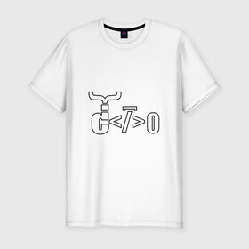 Мужская футболка премиум с принтом Велосипед программиста в Тюмени, 92% хлопок, 8% лайкра | приталенный силуэт, круглый вырез ворота, длина до линии бедра, короткий рукав | велосипед | код | программирование | программист | символы