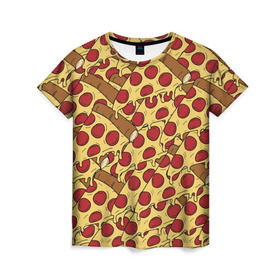 Женская футболка 3D с принтом Pizza в Тюмени, 100% полиэфир ( синтетическое хлопкоподобное полотно) | прямой крой, круглый вырез горловины, длина до линии бедер | cheese | fast food | food | junk food | pizza | еда | пицца | сыр | фастфут