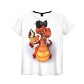 Женская футболка 3D с принтом Добрый дракон в Тюмени, 100% полиэфир ( синтетическое хлопкоподобное полотно) | прямой крой, круглый вырез горловины, длина до линии бедер | дракон | дракончик | змей | мороженное | чудовище | ящерица