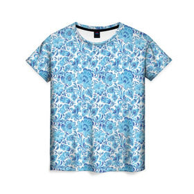 Женская футболка 3D с принтом Гжель в Тюмени, 100% полиэфир ( синтетическое хлопкоподобное полотно) | прямой крой, круглый вырез горловины, длина до линии бедер | гжель | роспись | цветы