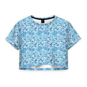 Женская футболка 3D укороченная с принтом Гжель в Тюмени, 100% полиэстер | круглая горловина, длина футболки до линии талии, рукава с отворотами | гжель | роспись | цветы
