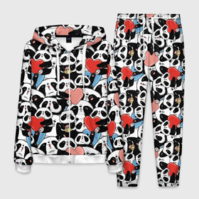 Мужской костюм 3D с принтом Funny Panda в Тюмени, 100% полиэстер | Манжеты и пояс оформлены тканевой резинкой, двухслойный капюшон со шнурком для регулировки, карманы спереди | bear | heart | positive | медведь | мишка | орнамент | панда | подарок | позитив | сердечки | сердце | сюрприз | узор