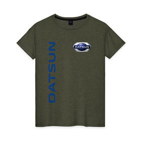 Женская футболка хлопок с принтом Datsun в Тюмени, 100% хлопок | прямой крой, круглый вырез горловины, длина до линии бедер, слегка спущенное плечо | datsun | mi do | on do | авто | датсан | датсун | даттосан | лого | машина | тачка