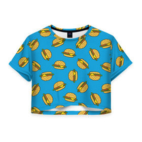 Женская футболка Cropp-top с принтом Бургеры в Тюмени, 100% полиэстер | круглая горловина, длина футболки до линии талии, рукава с отворотами | burger | fast food | food | pattern | бургер | еда | паттерн | фастфуд