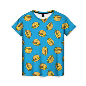 Женская футболка 3D с принтом Бургеры в Тюмени, 100% полиэфир ( синтетическое хлопкоподобное полотно) | прямой крой, круглый вырез горловины, длина до линии бедер | burger | fast food | food | pattern | бургер | еда | паттерн | фастфуд