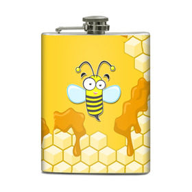 Фляга с принтом Пчелка в Тюмени, металлический корпус | емкость 0,22 л, размер 125 х 94 мм. Виниловая наклейка запечатывается полностью | животные | лето | мед | насекомые | природа | пчела | пчелка | соты