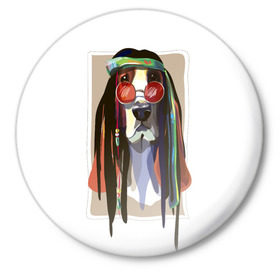 Значок с принтом Reggae Dog в Тюмени,  металл | круглая форма, металлическая застежка в виде булавки | Тематика изображения на принте: хиппи