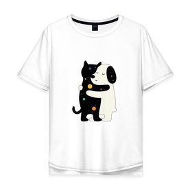 Мужская футболка хлопок Oversize с принтом Обнимашки в Тюмени, 100% хлопок | свободный крой, круглый ворот, “спинка” длиннее передней части | Тематика изображения на принте: cat | в горох | космический | космос | кот | кошка | любовь | милый | пес | собака