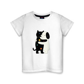 Детская футболка хлопок с принтом Обнимашки в Тюмени, 100% хлопок | круглый вырез горловины, полуприлегающий силуэт, длина до линии бедер | Тематика изображения на принте: cat | в горох | космический | космос | кот | кошка | любовь | милый | пес | собака