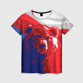 Женская футболка 3D с принтом Российский медведь в Тюмени, 100% полиэфир ( синтетическое хлопкоподобное полотно) | прямой крой, круглый вырез горловины, длина до линии бедер | russia | russian bear | патриот | родина | россия | русский медведь | триколор
