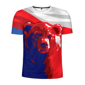 Мужская футболка 3D спортивная с принтом Российский медведь в Тюмени, 100% полиэстер с улучшенными характеристиками | приталенный силуэт, круглая горловина, широкие плечи, сужается к линии бедра | Тематика изображения на принте: russia | russian bear | патриот | родина | россия | русский медведь | триколор