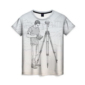 Женская футболка 3D с принтом Парень с контроллером в Тюмени, 100% полиэфир ( синтетическое хлопкоподобное полотно) | прямой крой, круглый вырез горловины, длина до линии бедер | surveyor | геодезист | геодезия