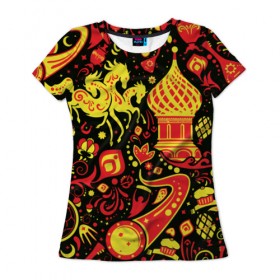 Женская футболка 3D с принтом Орнамент - Россия в Тюмени, 100% полиэфир ( синтетическое хлопкоподобное полотно) | прямой крой, круглый вырез горловины, длина до линии бедер | купол | паттерн | русь | тройка | хохлома