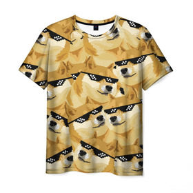 Мужская футболка 3D с принтом Doge мем в deal with it очках в Тюмени, 100% полиэфир | прямой крой, круглый вырез горловины, длина до линии бедер | deal with it очки | doge | meme | мем | мемы | сиба ину | сиба ину мем