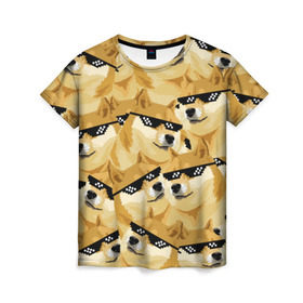 Женская футболка 3D с принтом Doge мем в deal with it очках в Тюмени, 100% полиэфир ( синтетическое хлопкоподобное полотно) | прямой крой, круглый вырез горловины, длина до линии бедер | deal with it очки | doge | meme | мем | мемы | сиба ину | сиба ину мем