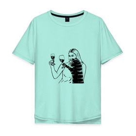 Мужская футболка хлопок Oversize с принтом Котик и Вино в Тюмени, 100% хлопок | свободный крой, круглый ворот, “спинка” длиннее передней части | винчик | выпьем за любовь | женщина | кот