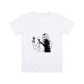 Детская футболка хлопок с принтом Котик и Вино в Тюмени, 100% хлопок | круглый вырез горловины, полуприлегающий силуэт, длина до линии бедер | винчик | выпьем за любовь | женщина | кот