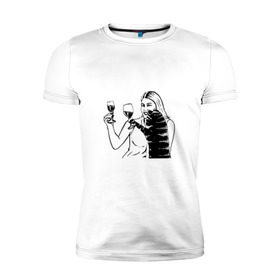 Мужская футболка премиум с принтом Котик и Вино в Тюмени, 92% хлопок, 8% лайкра | приталенный силуэт, круглый вырез ворота, длина до линии бедра, короткий рукав | винчик | выпьем за любовь | женщина | кот